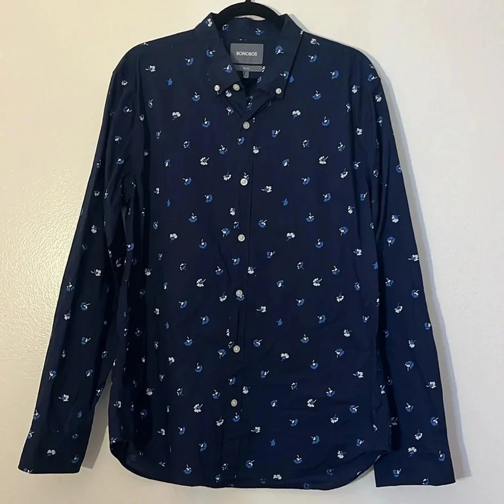 Bonobos | Floral navy & white long sleeve button down shirt Slim Fit Mens Size L
